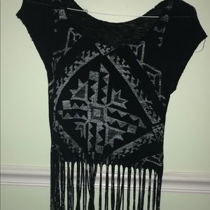 short sleeve black tribal print fringe top